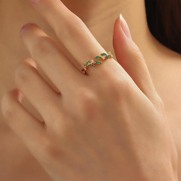 Stylish Dainty Stackable Ring - Adjustable Open Green Leaf Design for Women - Picture 2 of 6